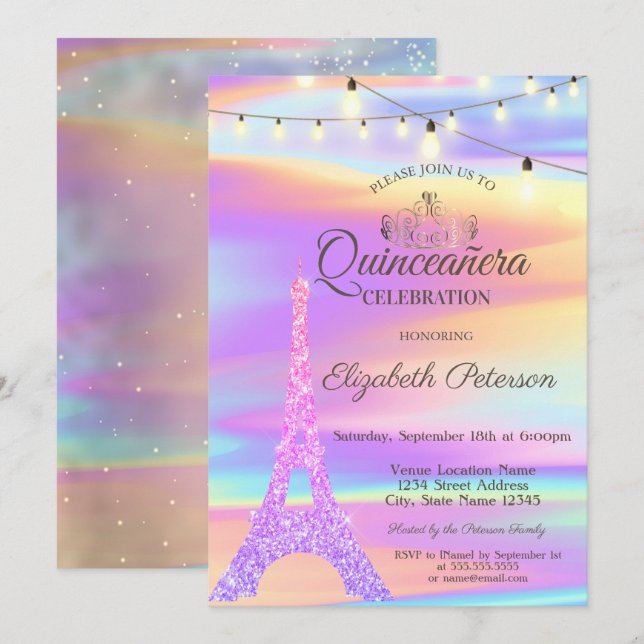 Chic Glitter Eiffeltornet Holografisk Quinceañera  Inbjudningar (Fram/baksida)