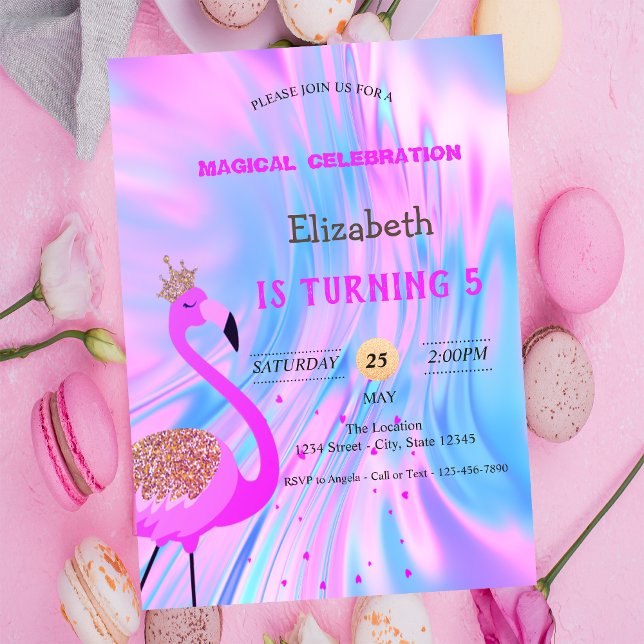 Chic Glitter Flamingo, holografisk födelsedag Inbjudningar (Skapare uppladdad)