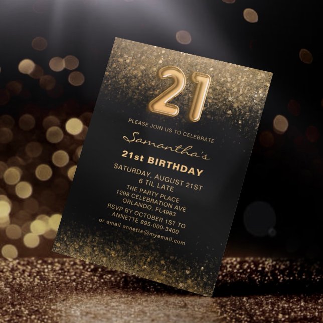 Chic Glitter Guld & Black 21:a födelsedag Inbjudningar (Skapare uppladdad)