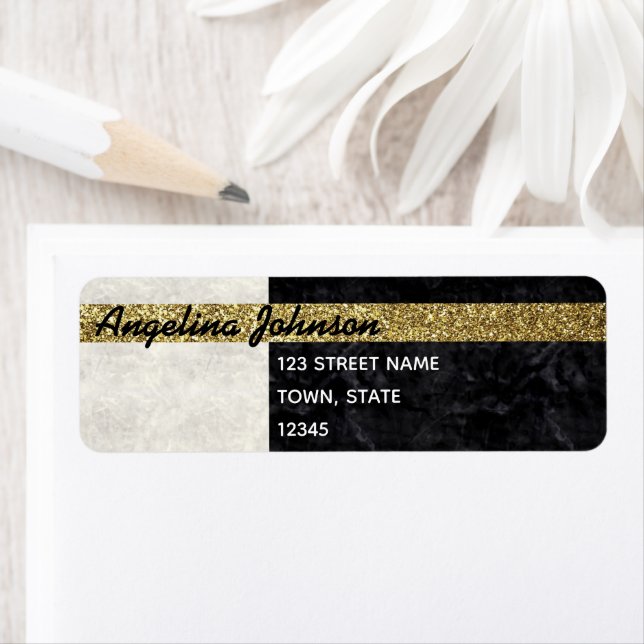 Chic Glitter Guld Svarta och vita Returadressen Returadress Etikett (Insitu)