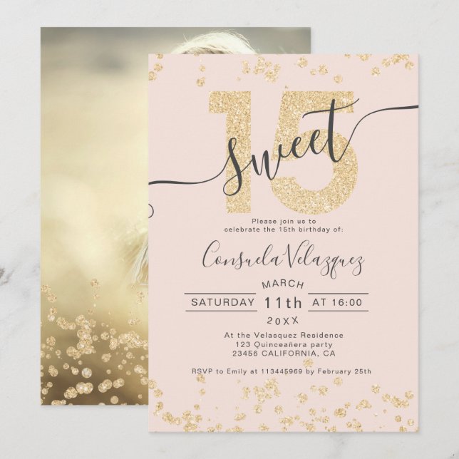 Chic glitter konetti  Quinceanera-foto Inbjudningar (Fram/baksida)