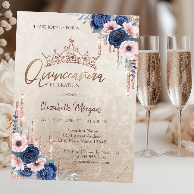 Chic Glitter Krona Dropp, Blå Rosor Quinceañera   Inbjudningar (Skapare uppladdad)