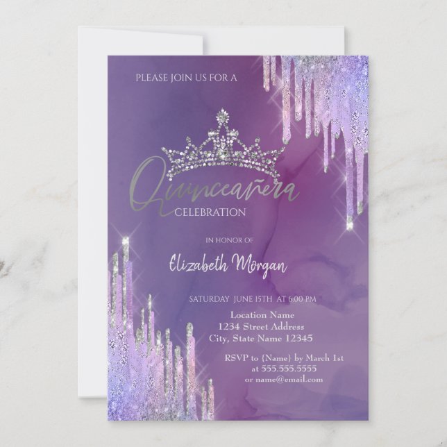 Chic glitter krona droppar lila Quinceañera  Inbjudningar (Framsida)