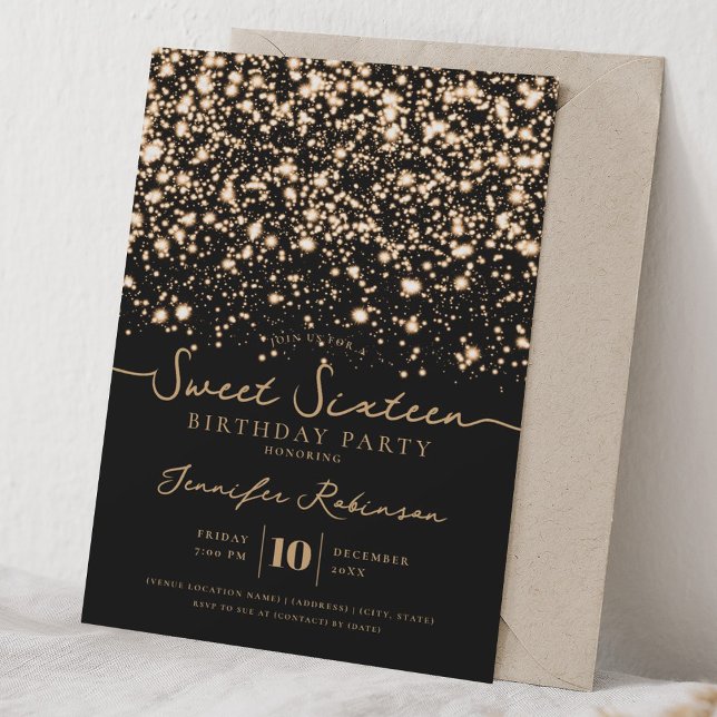 Chic Glitter Lights Sweet 16 Födelsedagsfest Guld  Inbjudningar (Chic Glitter Lights Sweet 16 Birthday Party Gold Invitation)
