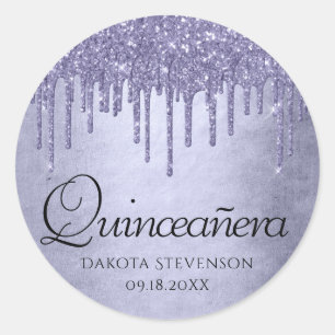 Chic Glitter Lila Quinceanera Runt Klistermärke