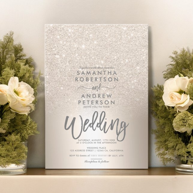 Chic glitter metallfolie grått bröllop guld inbjudningar (Chic gold glitter ombre metallic foil grey wedding invitation)