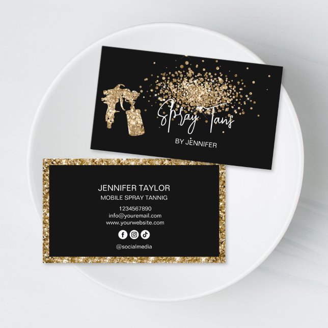 Chic Glitter Mobile Spray Tans Black Gold Tanning Visitkort (spray tanning glitter gold business card)