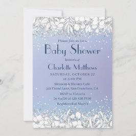 Chic Glitter Modern Blommigt Blue Boy Baby Shower Inbjudningar