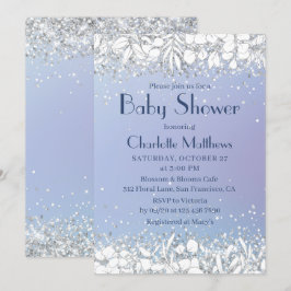 Chic Glitter Modern Blommigt Blue Boy Baby Shower Inbjudningar