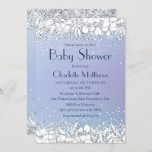 Chic Glitter Modern Blommigt Blue Boy Baby Shower Inbjudningar