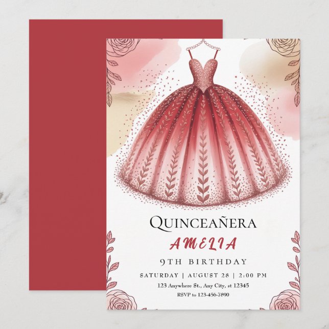 Chic Glitter och Blommigt Quinceañera Inbjudningar (Fram/baksida)