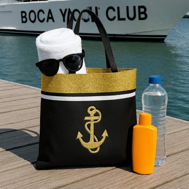 Chic Glitter och Guld Nautisk ankare på Svarta hav Tygkasse (add glam bag to your cruising or day on the water )