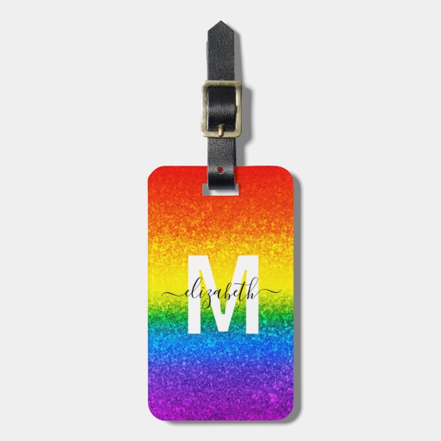 Chic Glitter Rainbow Rand Monogram Namn Bagagebricka (Vertikal Framsida)