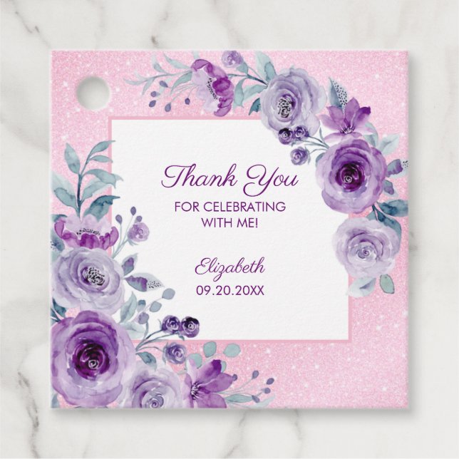 Chic Glitter Rosa Lila  Ro Blommigt födelsedag Gåvor Etiketter (Framsida)