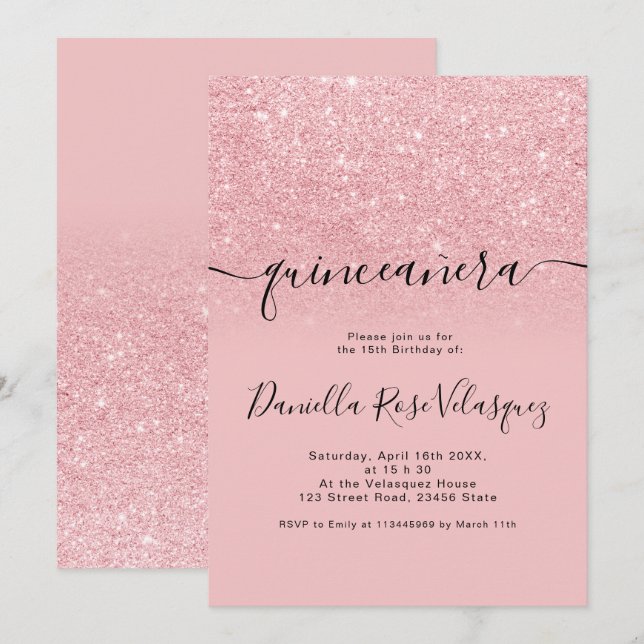Chic glitter sparkles rosa quinceanera inbjudningar (Fram/baksida)