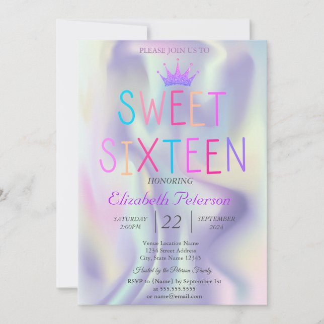 Chic Glitter Tiara Holografisk Färgglad Sweet 16 Inbjudningar (Framsida)