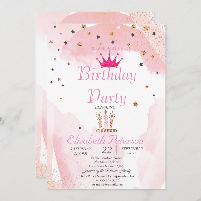 Chic Glitter Tiara, ljus, stjärnor, Födelsedagsfes Inbjudningar (Fram/baksida)