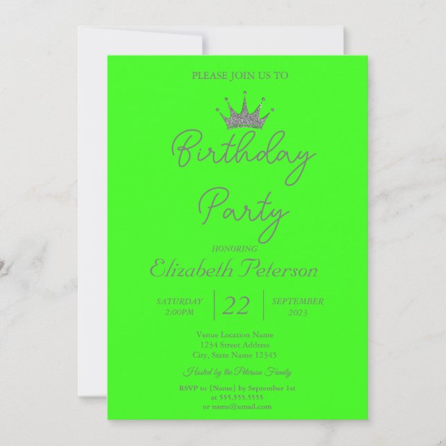 Chic Glitter Tiara Neon Grönt Birthday Inbjudningar (Framsida)