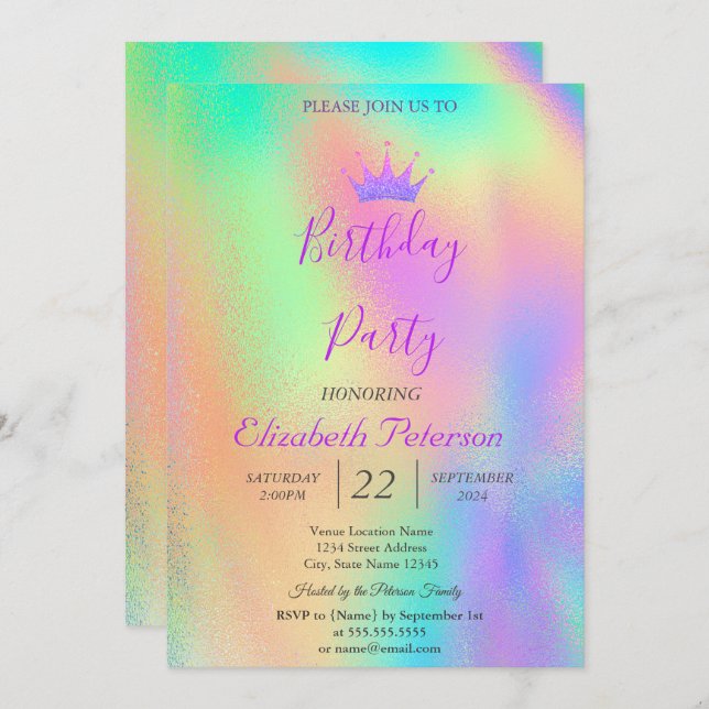 Chic Glitter Tiara Rainbow HoloGraph Birthday Inbjudningar (Fram/baksida)