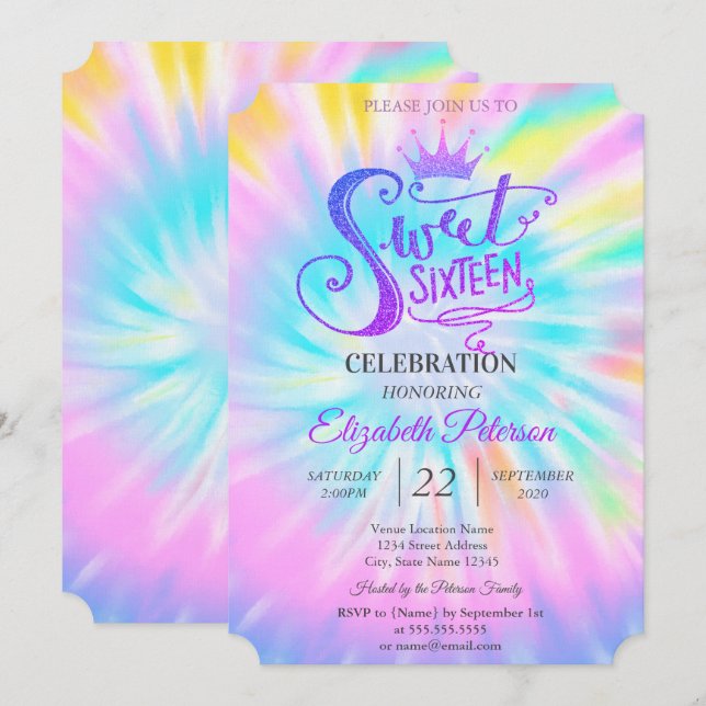 Chic Glitter Tiara Tie Dey Sweet 16 Party Inbjudningar (Fram/baksida)