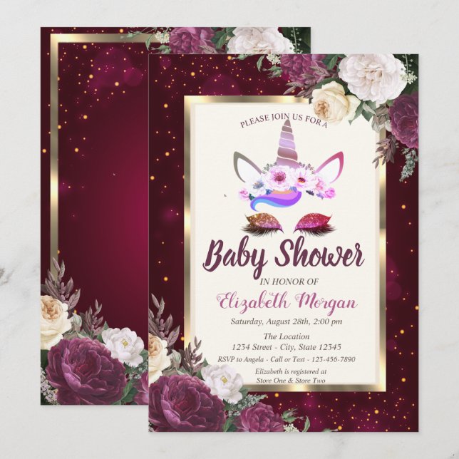 Chic Glitter Unicorn,Burgundy Blommigt Baby Shower Inbjudningar (Fram/baksida)
