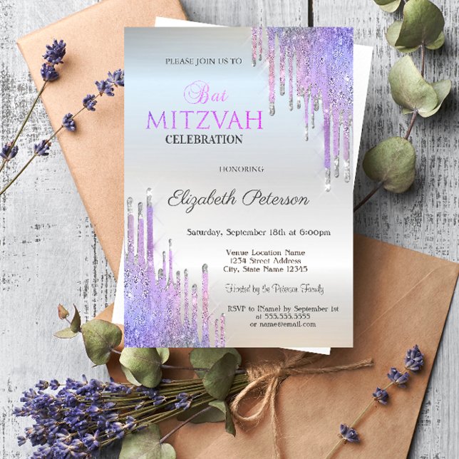 Chic Glitter Violet Dricks Silver Bat mitzvah Inbjudningar (Skapare uppladdad)
