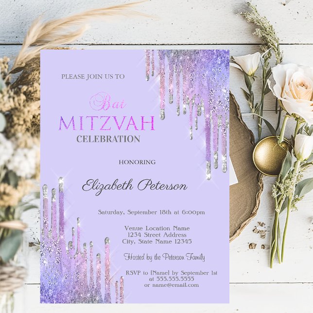 Chic Glitter Violet Drifts Lavander Bat mitzvah Inbjudningar (Skapare uppladdad)