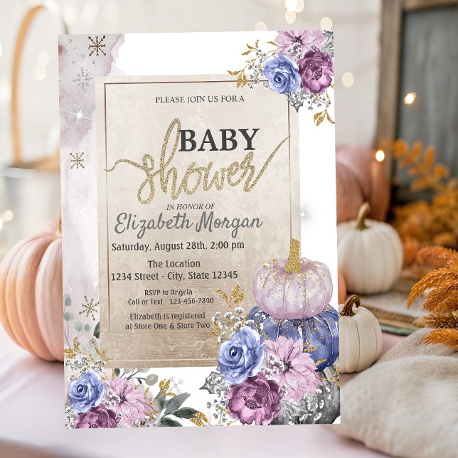 Chic Glitter Violet Pumpkins Flowers Baby Shower Inbjudningar (Skapare uppladdad)