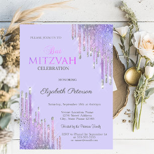 Chic Glitter Violett Dropp Lavendel Bat Mitzvah Inbjudningar