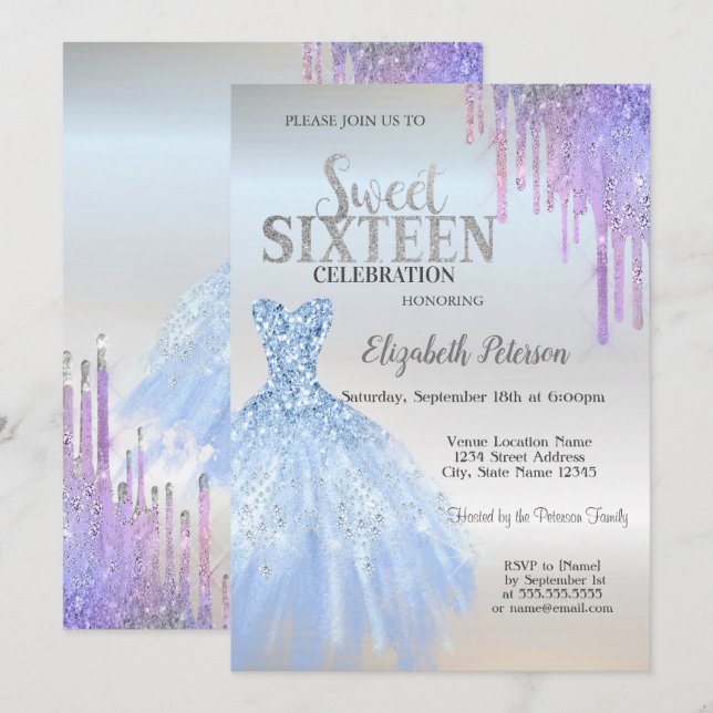 Chic glitterdroppar, blå klänning silver Sweet 16  Inbjudningar (Fram/baksida)