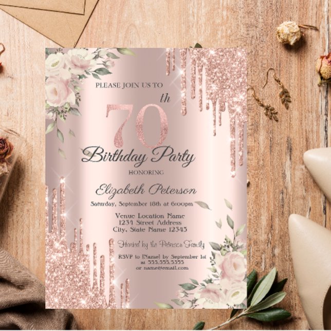 Chic Glitterdroppar, Blommor Roséguld 70-årsdag Inbjudningar (Skapare uppladdad)