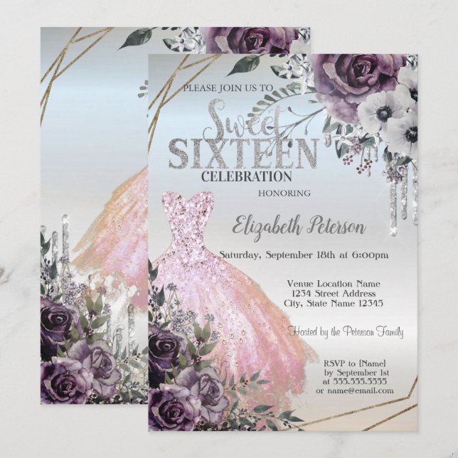 Chic glitterdroppar, klänning blommor  Sweet 16  Inbjudningar (Fram/baksida)
