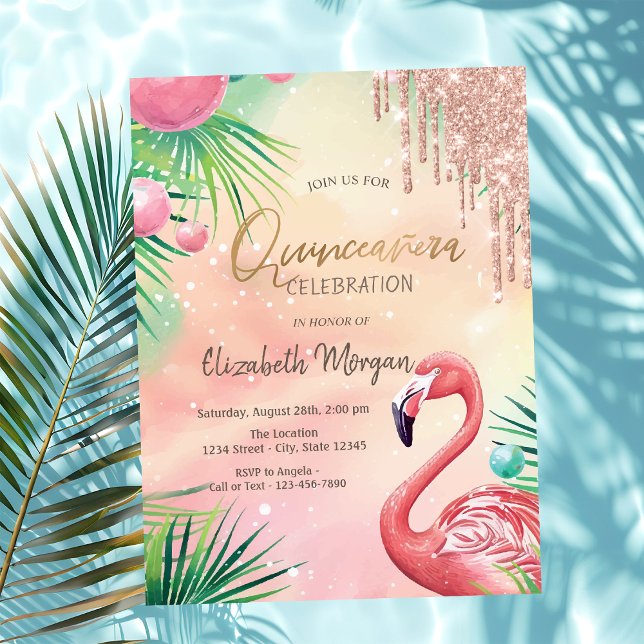 Chic glitterdroppar Rosa flamingos Quinceañera  Inbjudningar (Skapare uppladdad)