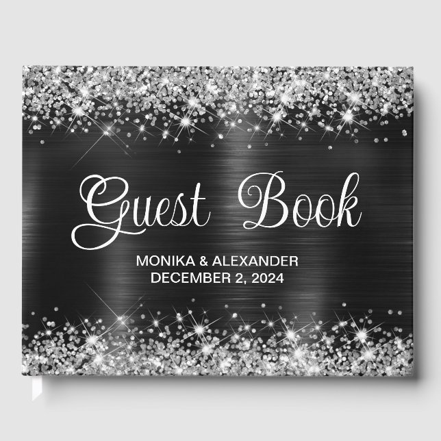 Chic Glittery Black Foil Wedding Guest Book Gästböcker (Framsida)