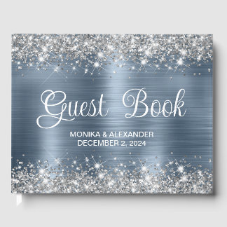 Chic Glittery Dusty Blue Foil Bröllop Guest Bok