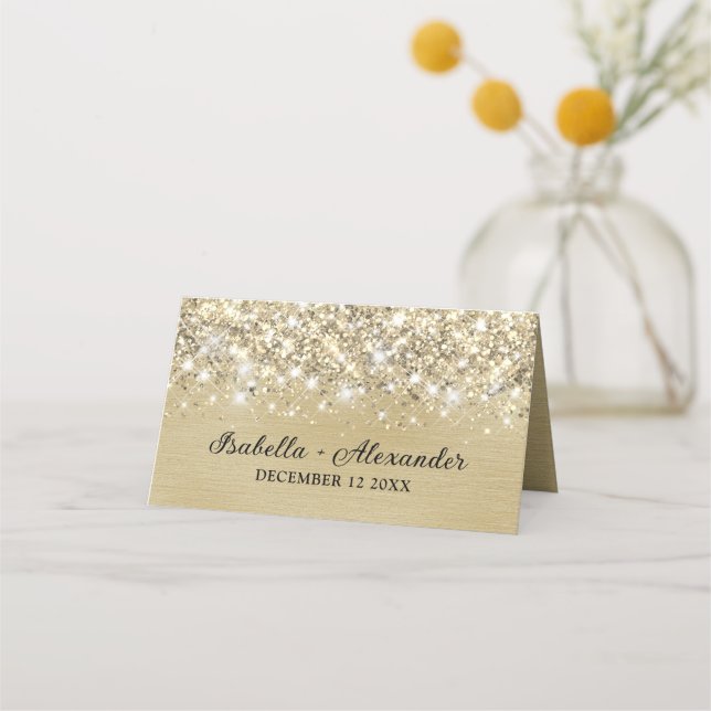 Chic Glittery Gold Foil Personized Place Card Placeringskort (Baksida)