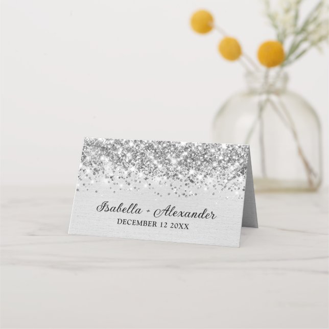 Chic Glittery light Silver Foil Personized Placeringskort (Baksida)
