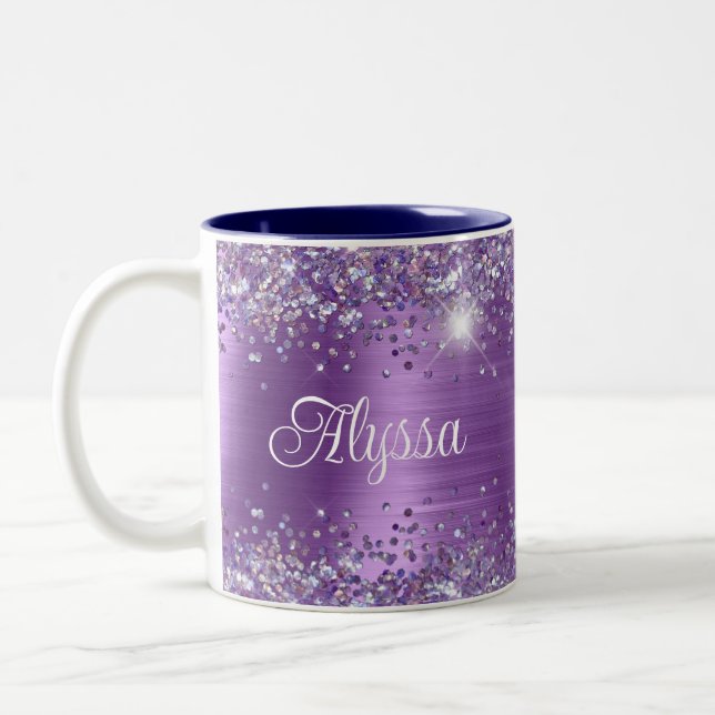 Chic Glittery Lila Amethyst Glam Namn Två-Tonad Mugg (Vänster)