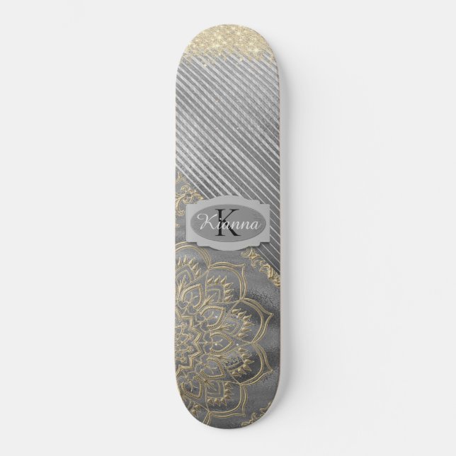 Chic Glittery Mandala Monogram Mini Skateboard Bräda 18,5 Cm (Framsida)