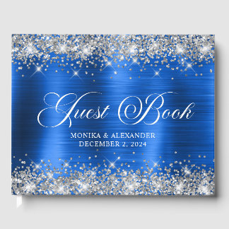 Chic Glittery Royal Blue Foil Bröllop Guest Bok