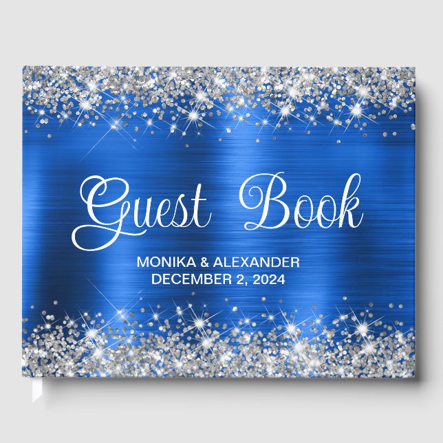 Chic Glittery Royal Blue Foil Bröllop Guest Bok (Framsida)