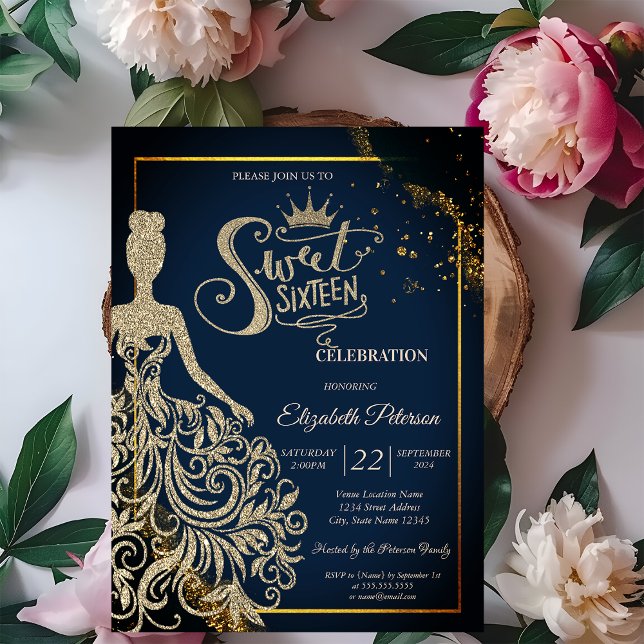 Chic Glittrig Guld Klänning, Tiara Marinblå Sweet  Inbjudningar (Skapare uppladdad)