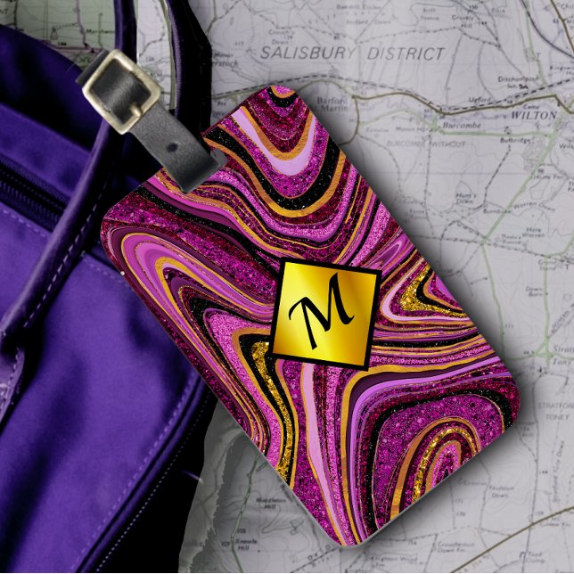 Chic Gnistra Glitter marble art rosa guld monogram Bagagebricka (Skapare uppladdad)