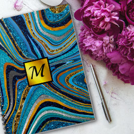 Chic Gnistra marble art blue guld monogram Anteckningsbok