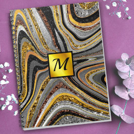 Chic Gnistra marble art grått guld monogram Anteckningsbok