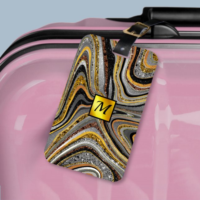 Chic Gnistra marble art grått guld monogram Bagagebricka (Skapare uppladdad)