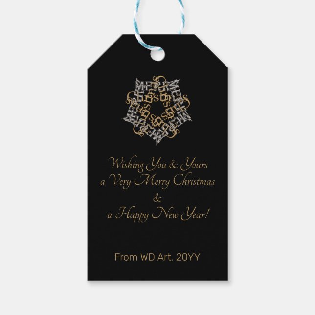 Chic God jul Guld Silver Calligraphy Black Presentetikett (Framsidan)