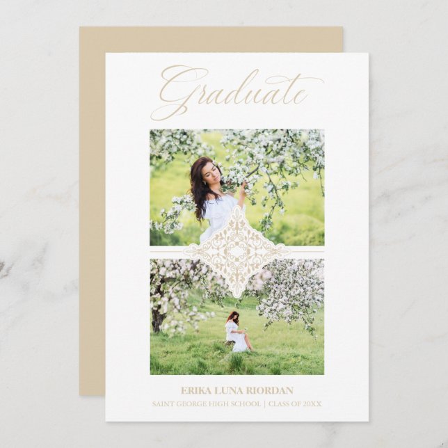 Chic Gold 2 Photos Ornament Sophisticated Graduate Inbjudningar (Fram/baksida)