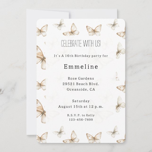 Chic Gold Cream White Butterflies Birthday Inbjudningar (Framsida)