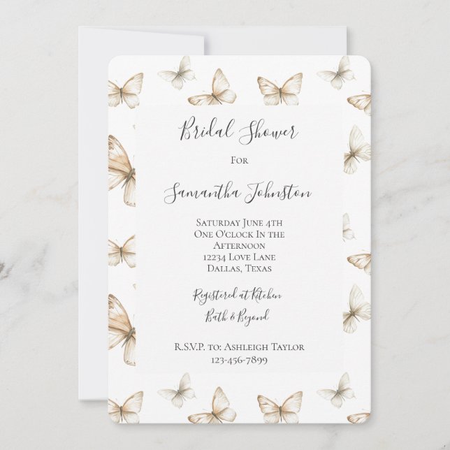 Chic Gold Cream White Butterflies Bridal Shower Inbjudningar (Framsida)